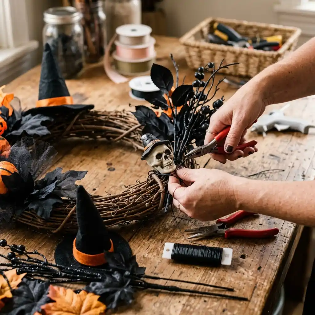 Hands assembling a DIY Halloween wreath on a work table with wire and black stems
