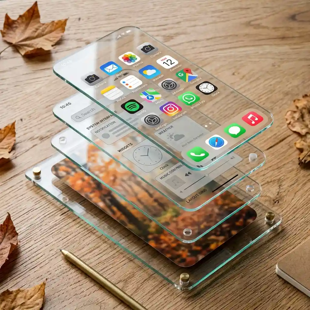 Phone screen layered like a room, with wallpaper behind, panels in the middle and app icons filling in