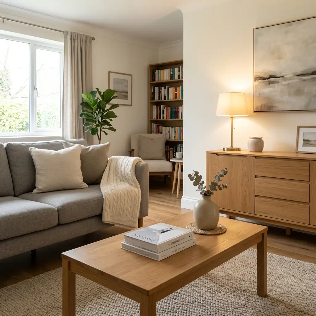 Tidy living room prepared for guests with cleared surfaces, folded throws and a lit table lamp