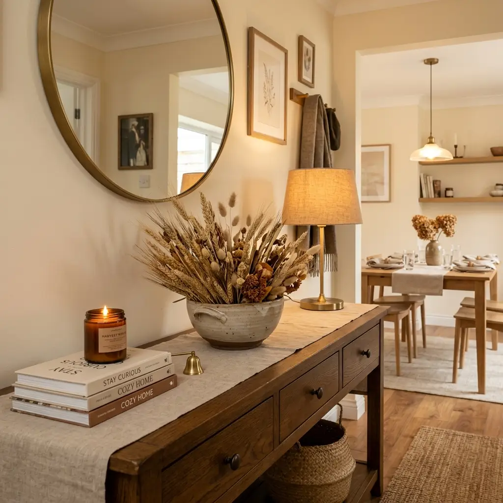 Fall hosting decor arranged on a sideboard and lamp table rather than on the dining table