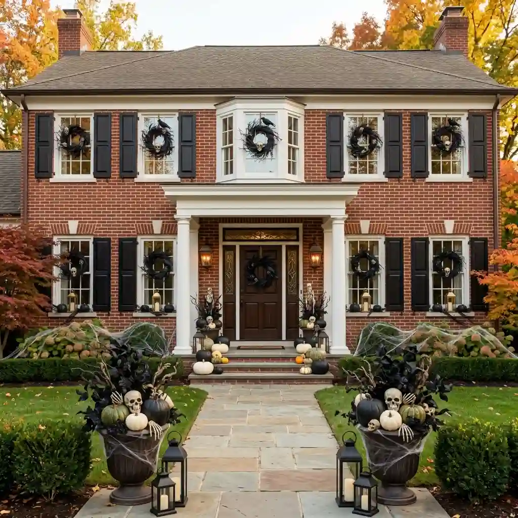 Classy outdoor Halloween decor arranged to suit a symmetrical house facade with matching flanking pieces