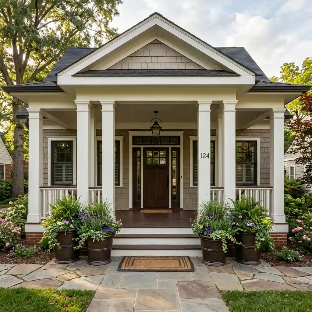 Symmetrical porch with evenly spaced columns and matching dark planters placed on the column spacing