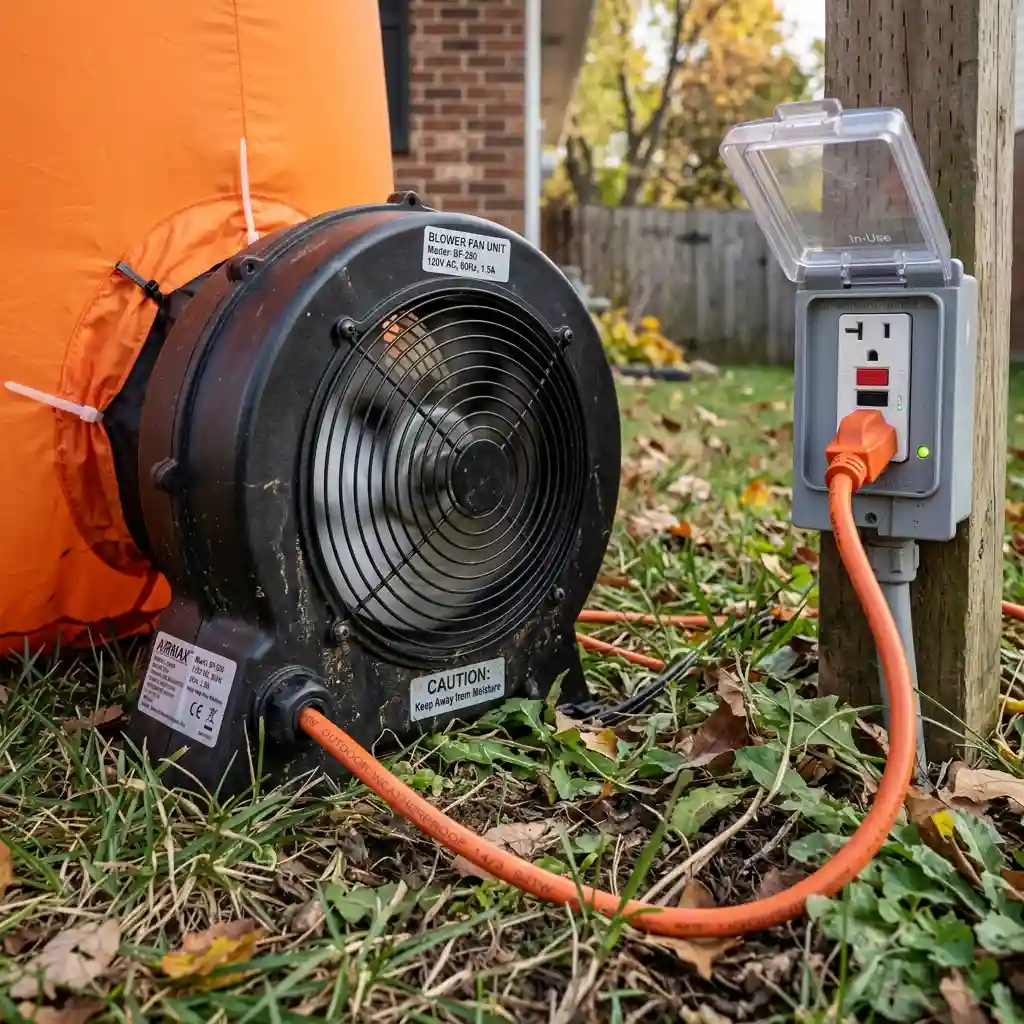 Close view of the blower fan unit and power cord at the base of a yard inflatable
