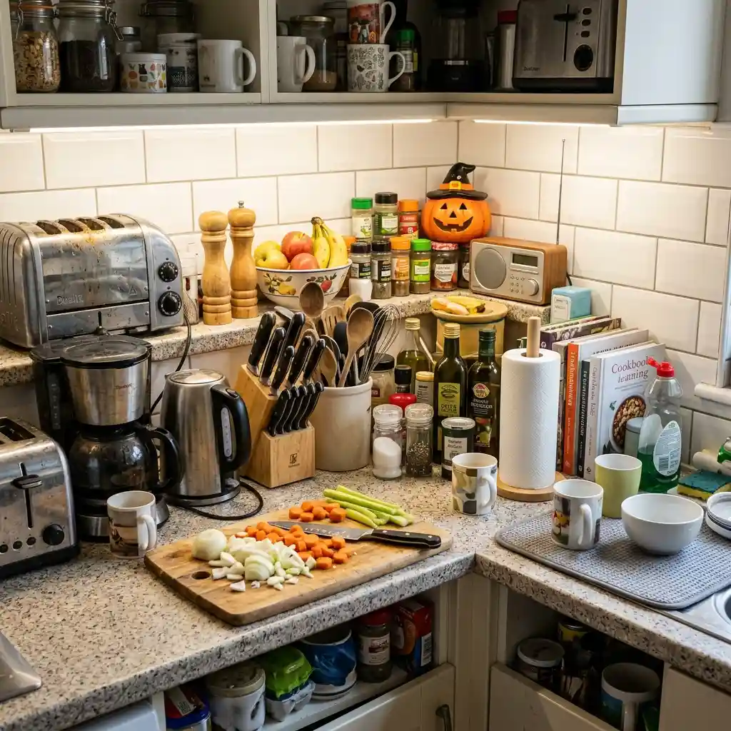 Busy kitchen counter crowded with appliances, chopping board and utensils leaving no free surface