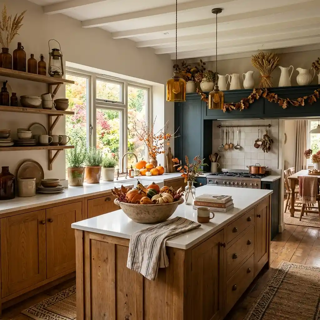 Open plan kitchen showing the island, window ledge, open shelving and cabinet tops in one view