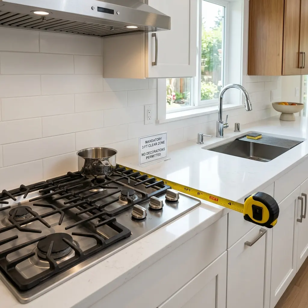 Clear kitchen counter run between a gas cooktop and sink with nothing placed in the prep zone