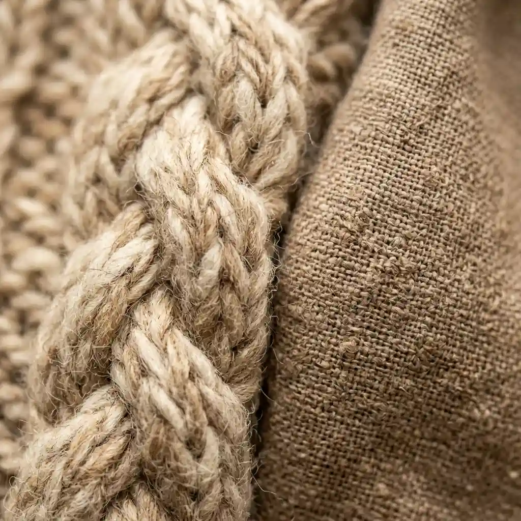 Close crop of chunky knit wool and raw linen showing shadow and texture in warm brown tones