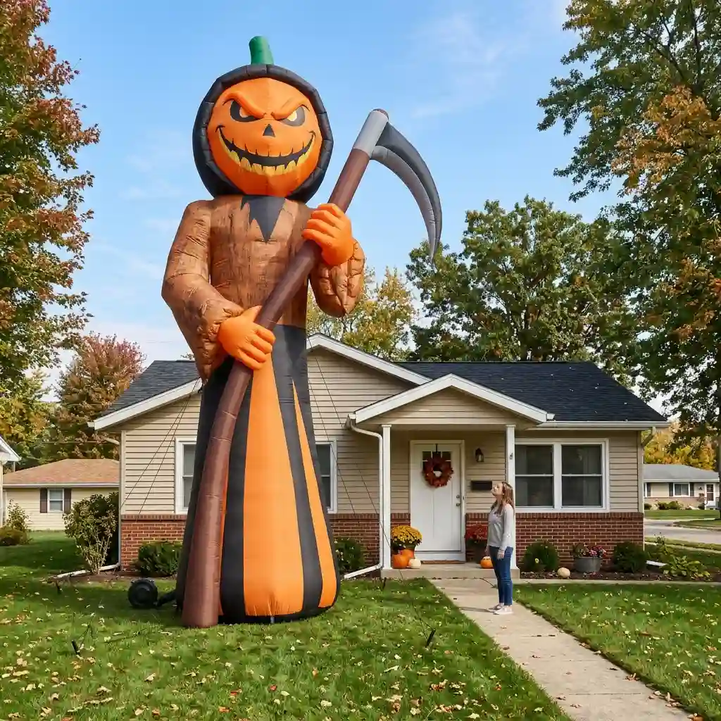 Twelve-foot inflatable figure shown against a single-story house for scale comparison