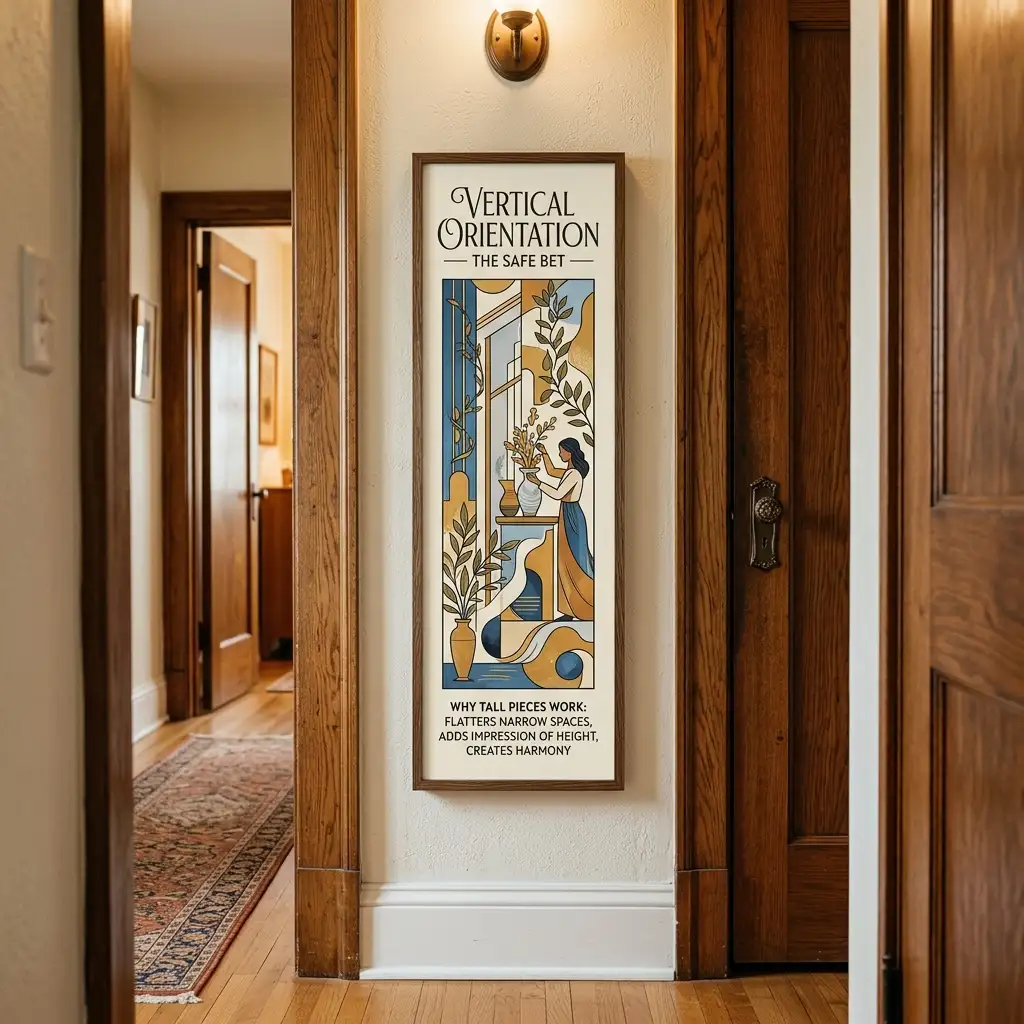 Tall vertical art print filling a narrow wall panel, captioned to explain why tall pieces suit narrow spaces