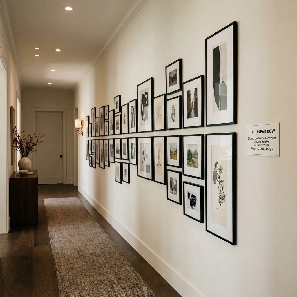 Single horizontal row of frames sharing one centreline along a hallway wall