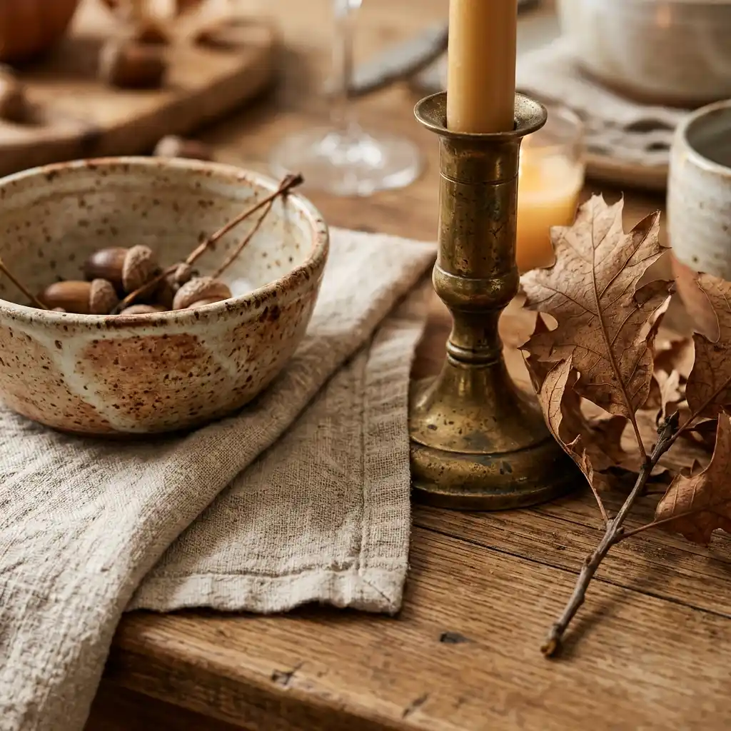 Close-up of washed linen, glazed stoneware bowls, aged brass and dried oak leaf stems on a dining table