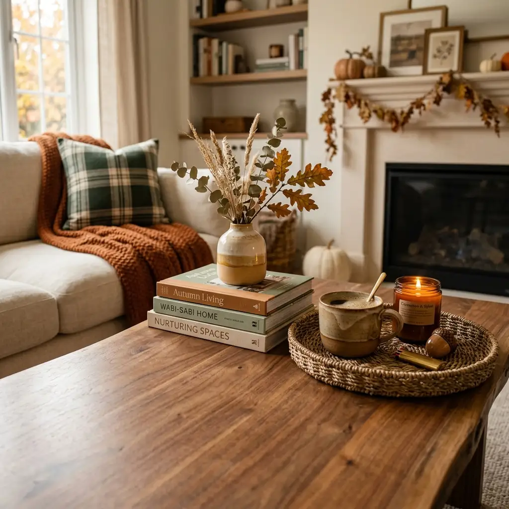 Coffee table with hardcover books, a woven tray and a small vessel arranged toward one side
