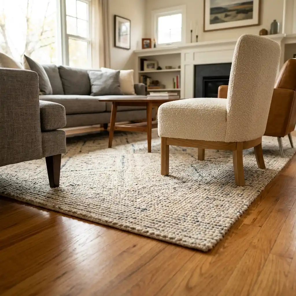 Large wool rug with the front legs of a sofa and two chairs resting on its surface