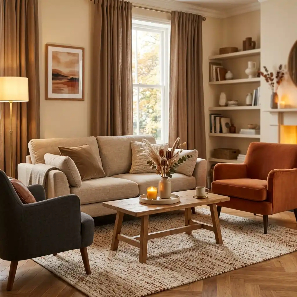 Fall living room decor with seating pulled into a tight group around a low wooden table and dried stems