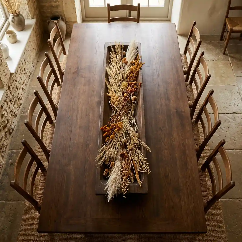 Long oiled wooden trough running down the middle of a rectangular dining table with dried stems inside