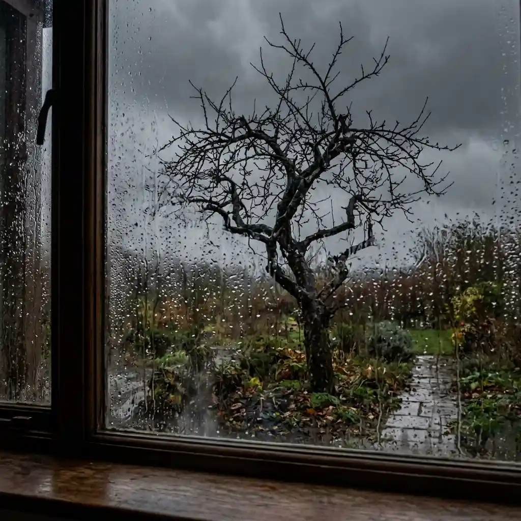 Rain-beaded window and bare branches under flat overcast light in charcoal and wet bark tones