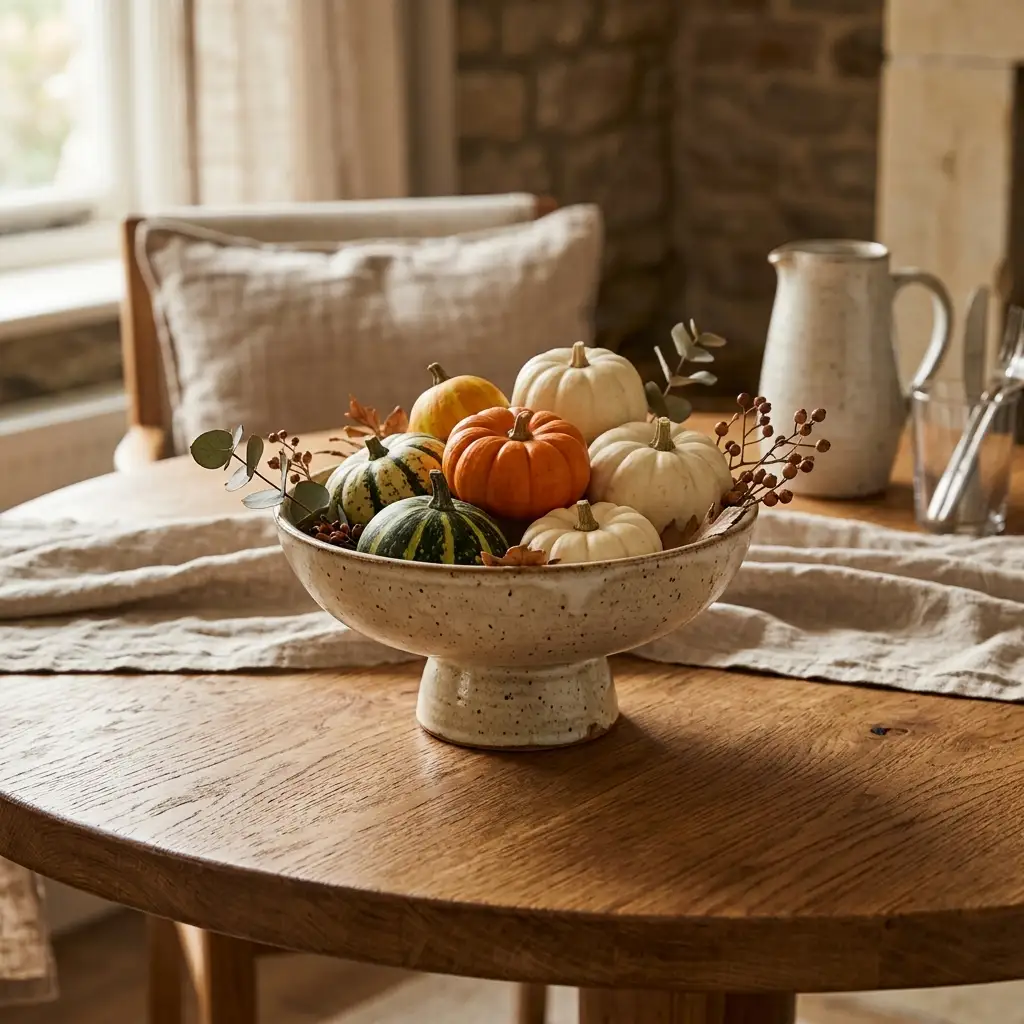 Low footed ceramic compote holding small pumpkins on a round oak dining table