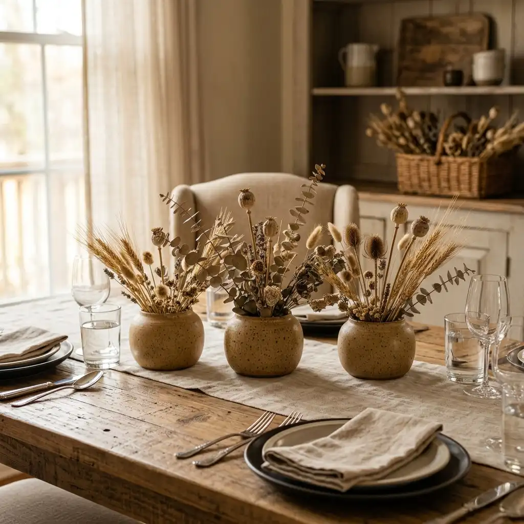 Three low stoneware vessels running down the center of a dining table with dried wheat and eucalyptus