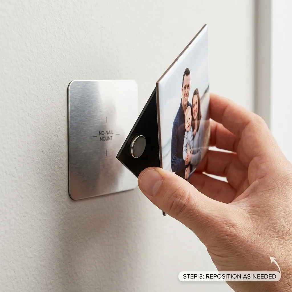 Square photo panel being lifted off a wall plate and repositioned by hand