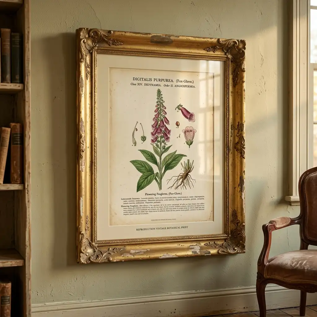 Ornate gilt frame holding an aged botanical print with warm cream paper tone on a pale wall