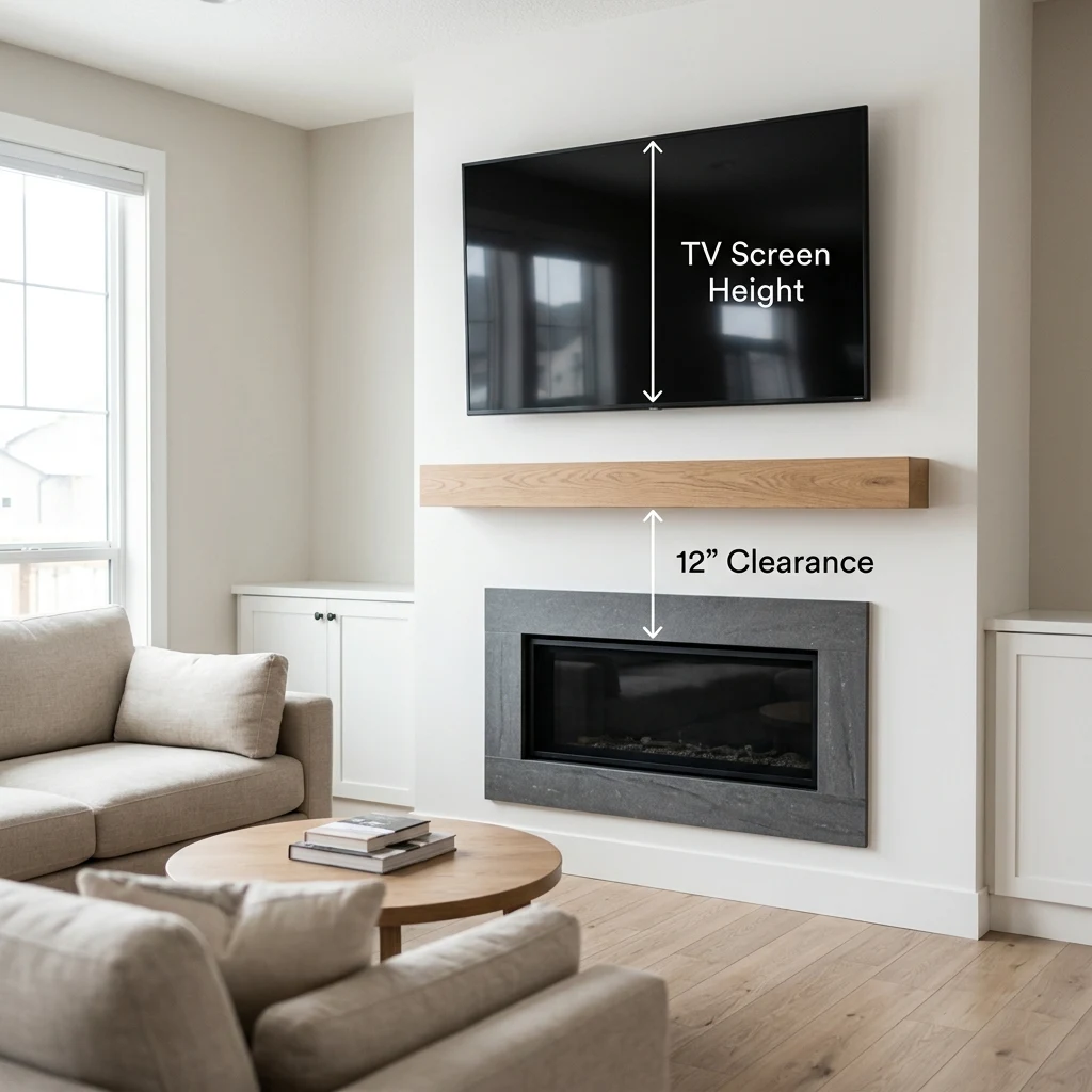 Modern living room fireplace with a large flat screen television mounted on the wall directly above the mantel shelf