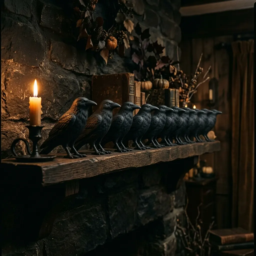 Nine matching matte black ravens lined up along a dark shelf with amber candlelight behind them