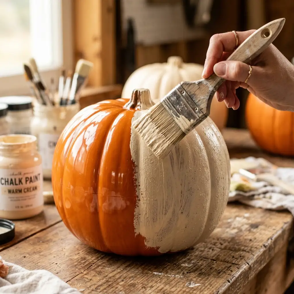 Chalk-finish paint applied to a faux pumpkin with a flat brush, showing a dead-flat surface