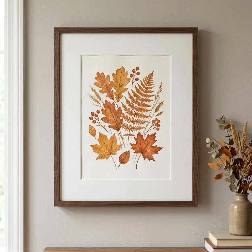 Warm ochre autumn artwork set behind a wide white mat inside a slim walnut frame