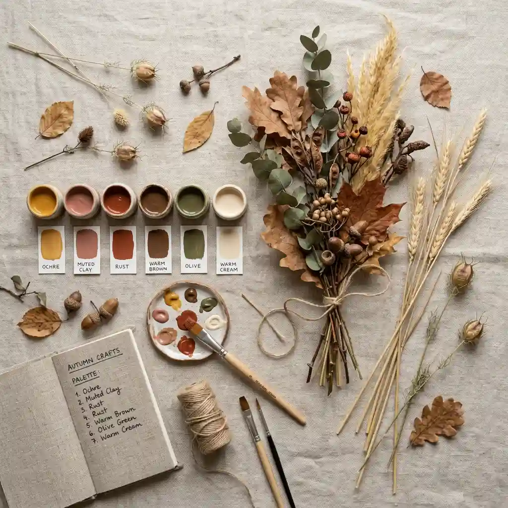 Paint samples in ochre, muted clay, rust and warm cream laid out beside dried autumn stems