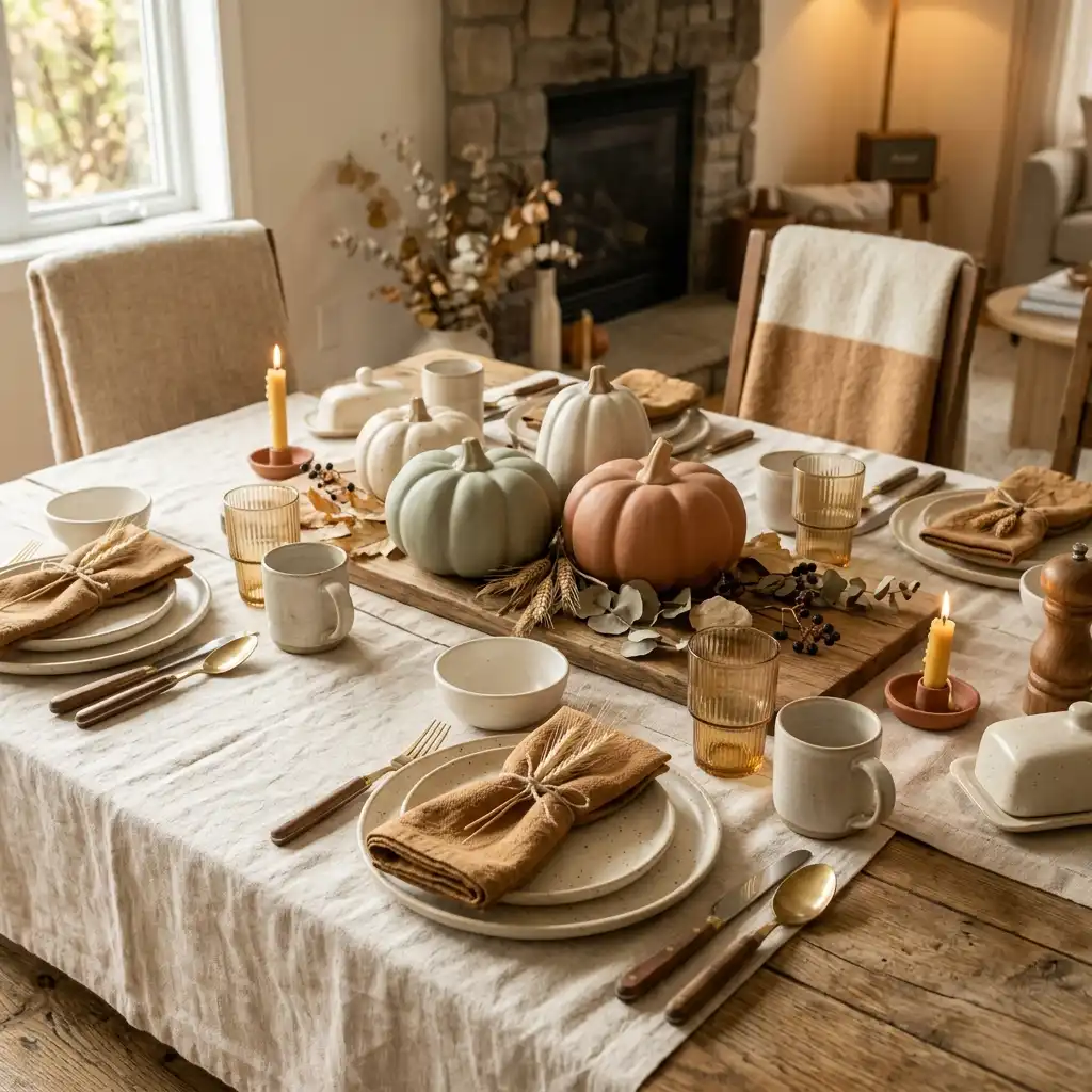 Muted autumn table in cream and caramel with ceramic pumpkins in sage and bone instead of orange