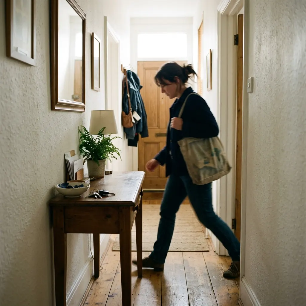 Person walking past a shallow entry console with clear floor space on the hallway side