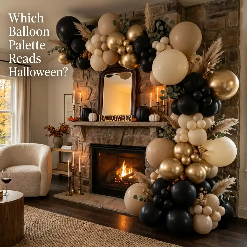 Neutral Halloween balloon garland in black, sand, and cream with chrome gold accents