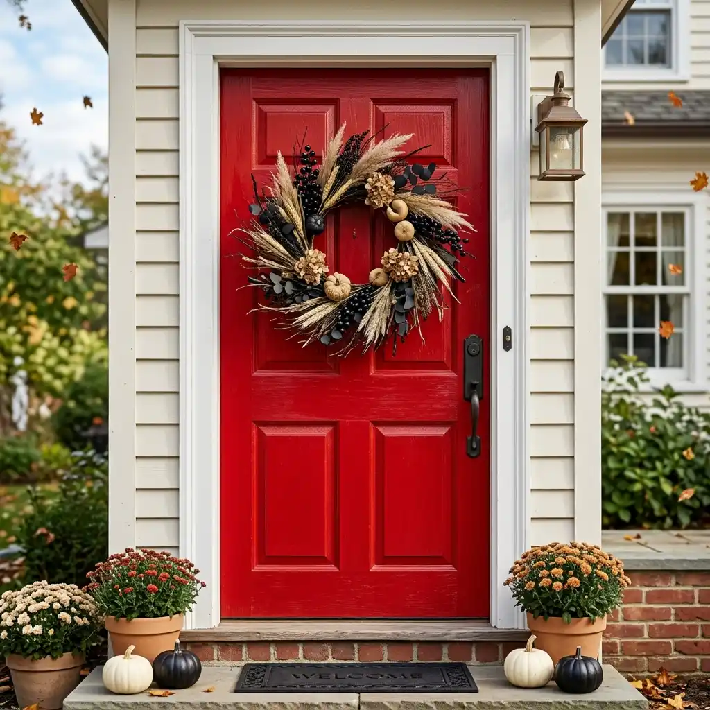 Neutral black and natural dried-stem Halloween wreath hanging on a bold red front door