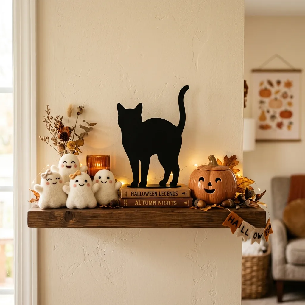 Soft cute Halloween arrangement with a single plain black faceless silhouette as the anchor