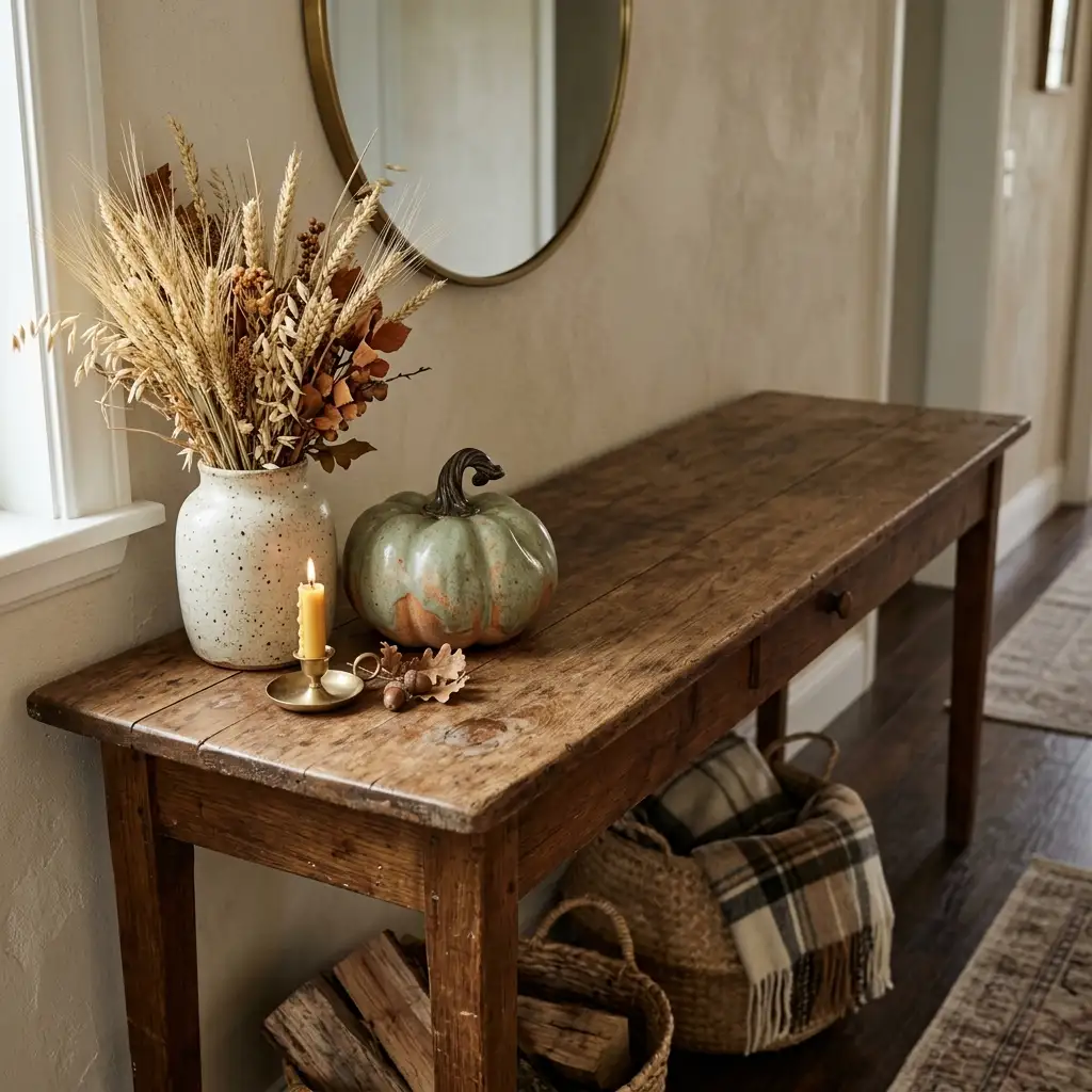 Three autumn objects grouped at one end of a console table with the rest of the surface clear