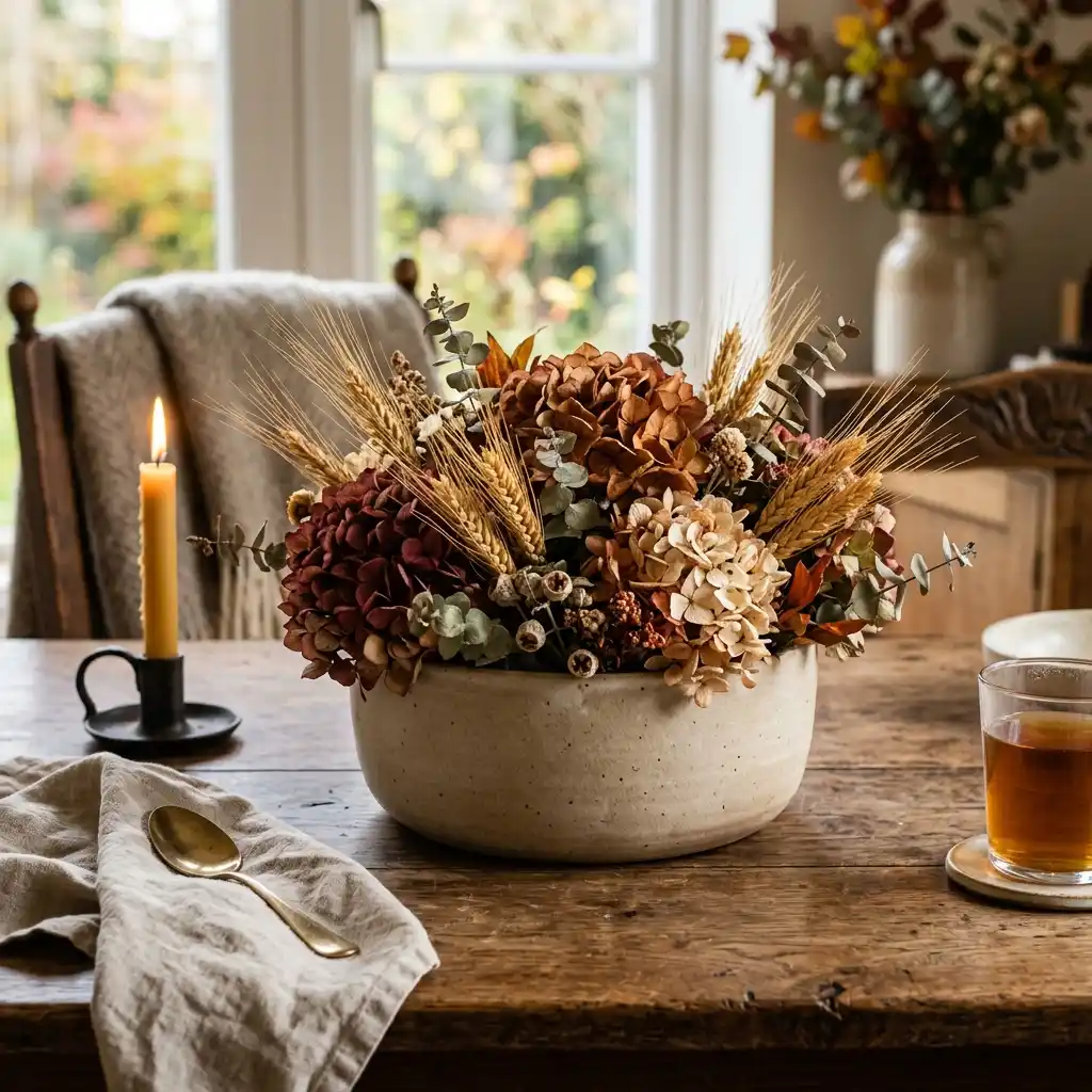 One low bowl shown with four different seasonal fills including greenery, gourds, dried stems, and evergreen