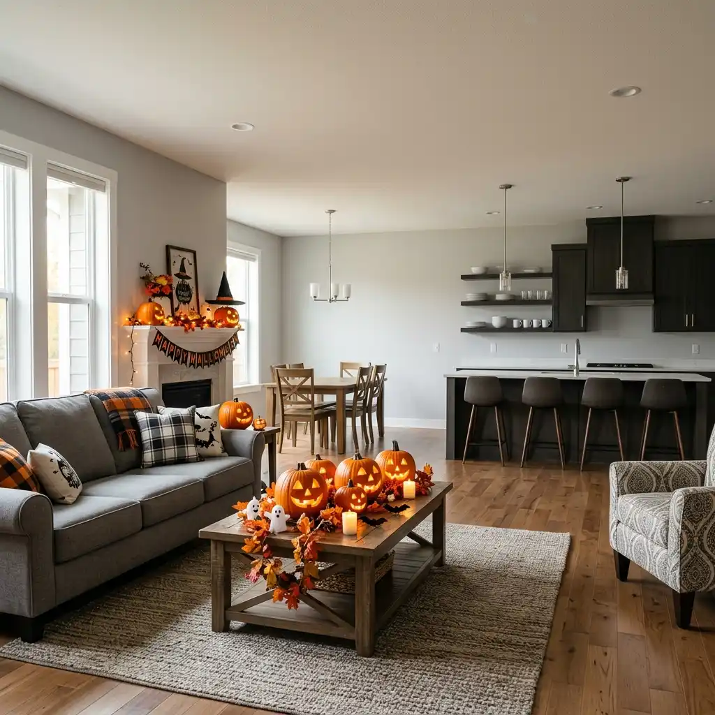 Open plan living room with the kitchen visible in the same sightline across the space