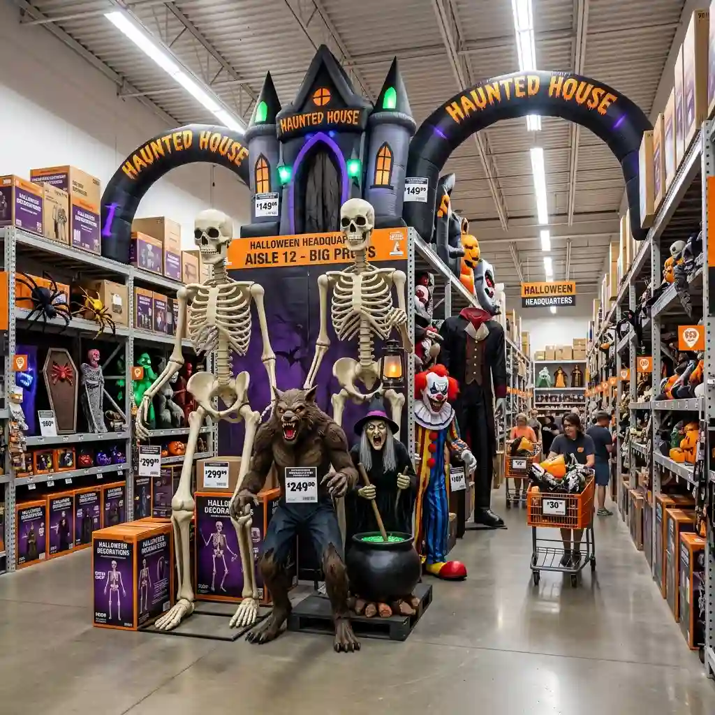 Retail aisle of oversized Halloween props including tall skeletons and inflatable figures under store lighting
