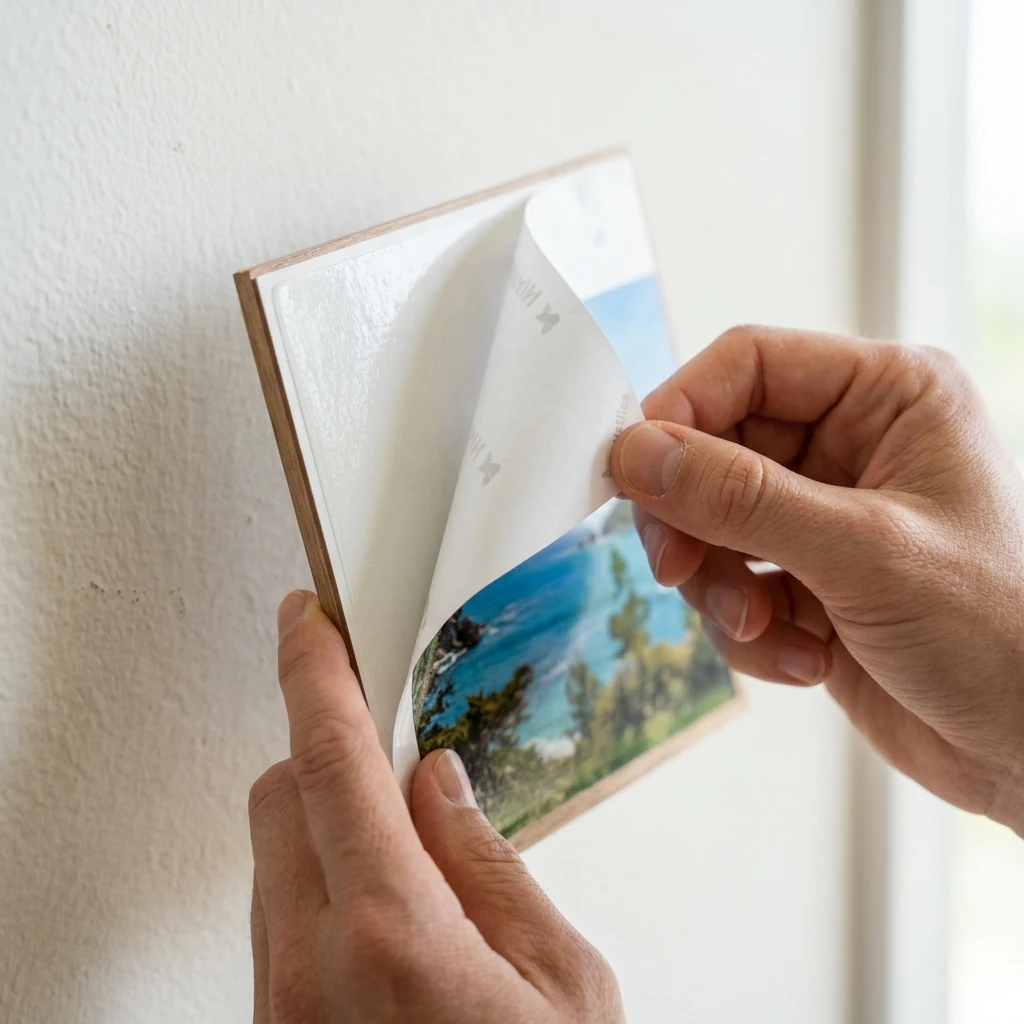 Peeling the backing from an adhesive photo tile before pressing it onto a wall