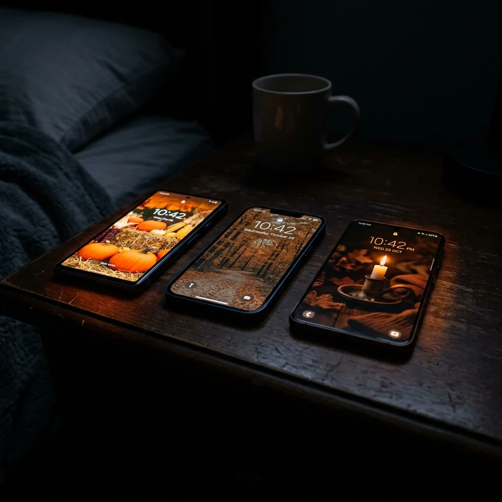 Three phones side by side at night showing different autumn backgrounds at low brightness