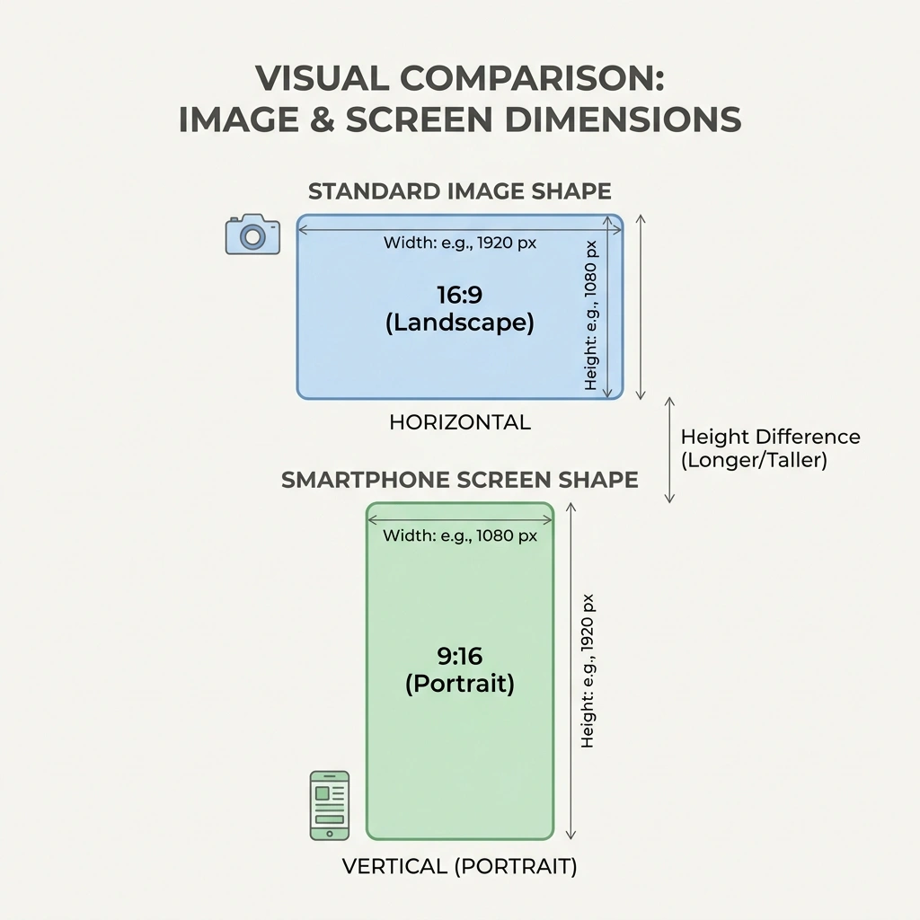 Two stacked rectangles comparing a shorter saved image shape against a longer phone screen shape