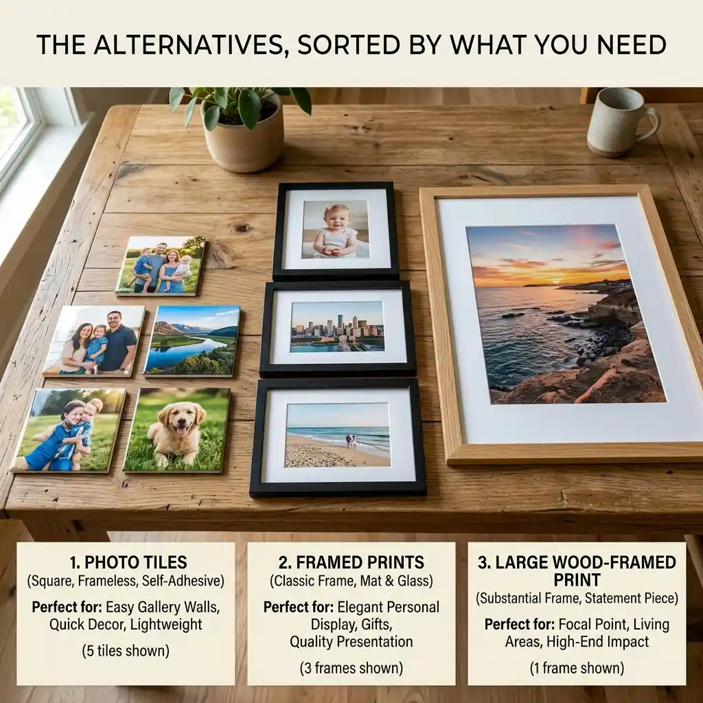Photo tiles compared alongside framed prints and a large wood-framed print on a table