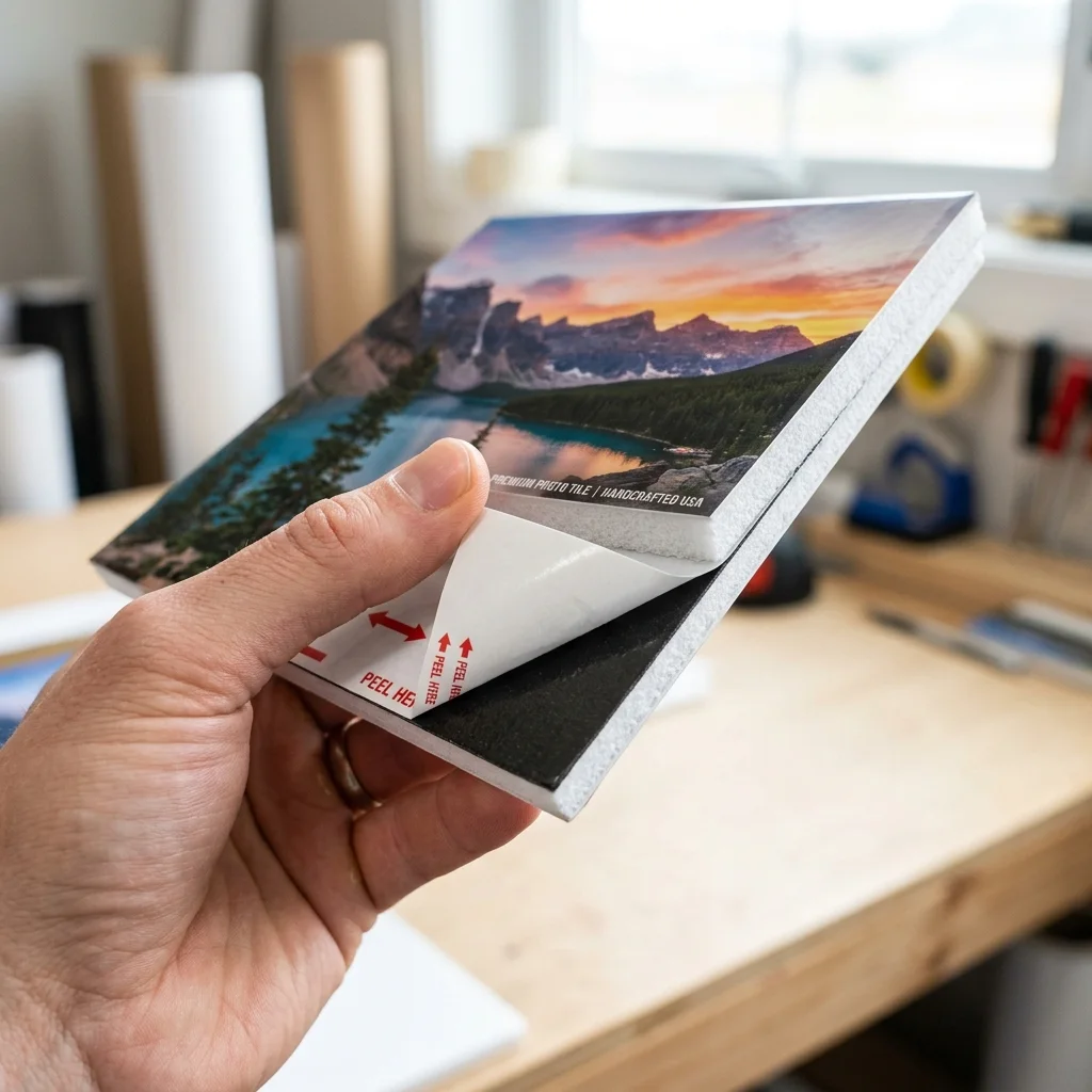 Single square photo panel held in one hand showing its thick rigid edge and backing
