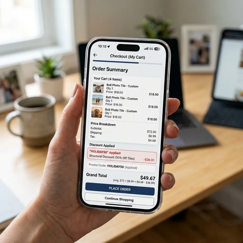 Phone screen showing a photo print order being placed with a promotional discount applied