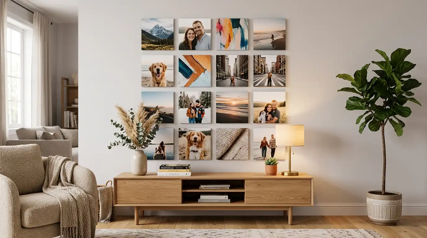Grid of square frameless photo panels stuck directly to a pale wall above a low console