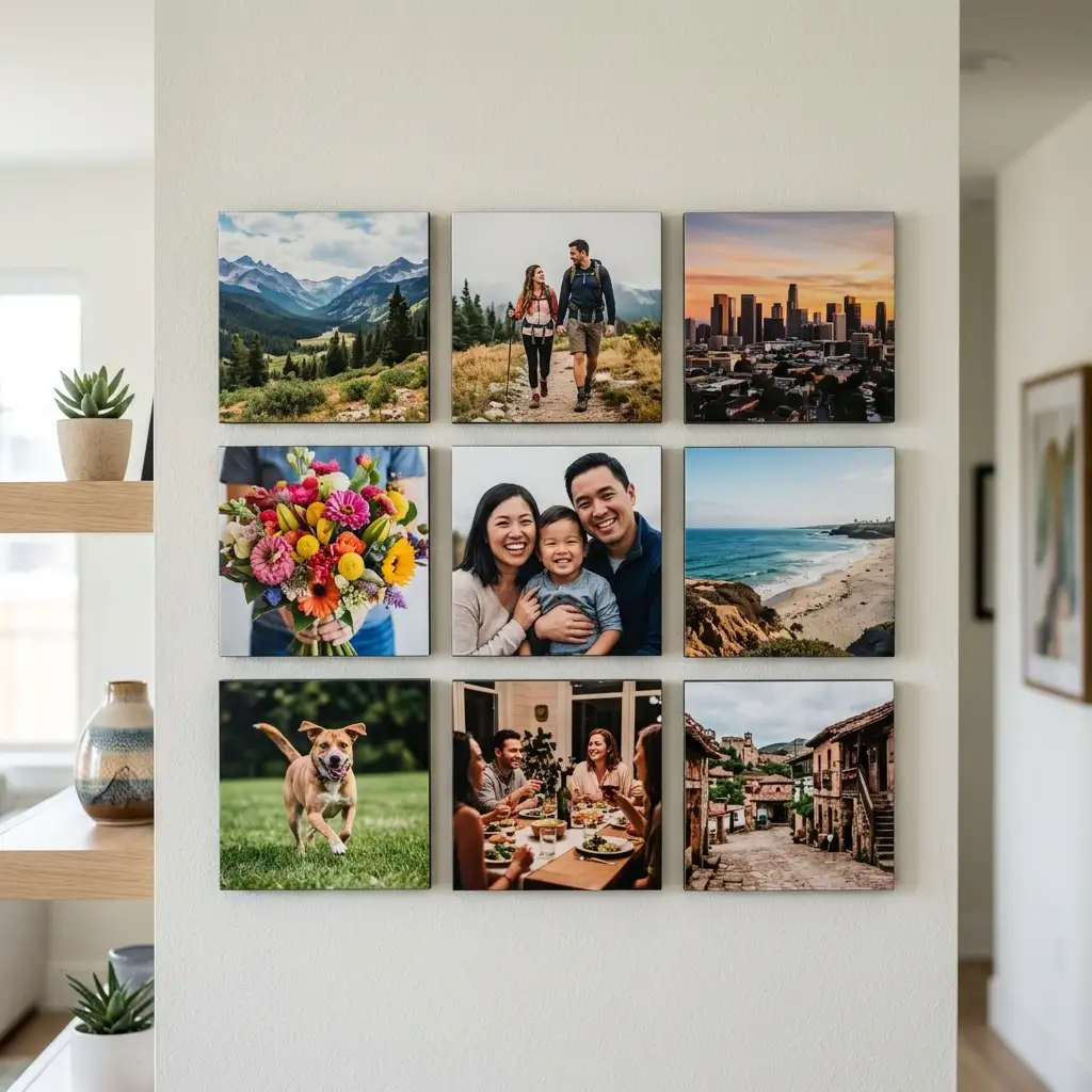 Nine square photo prints mounted flush to a wall with no frames or visible hardware