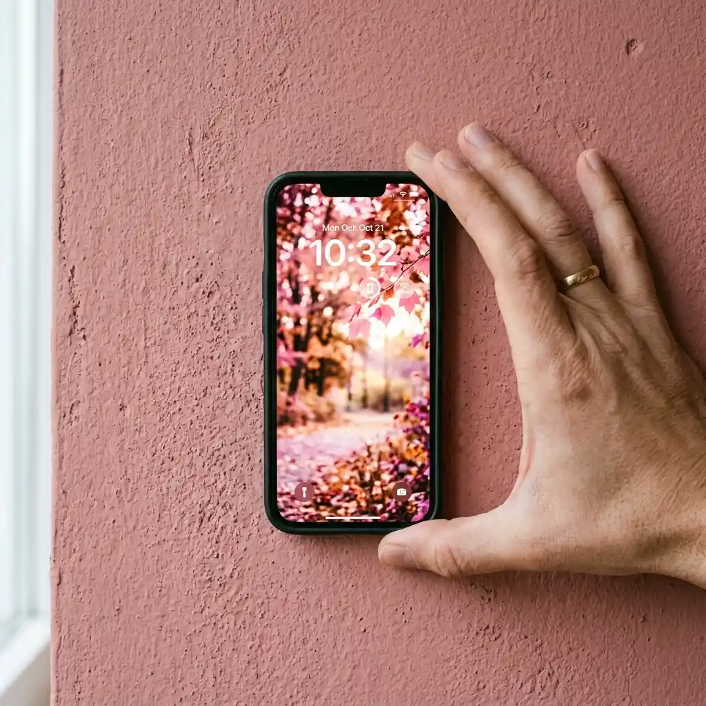 Phone at half screen brightness held flat against a dusty rose painted wall in daylight