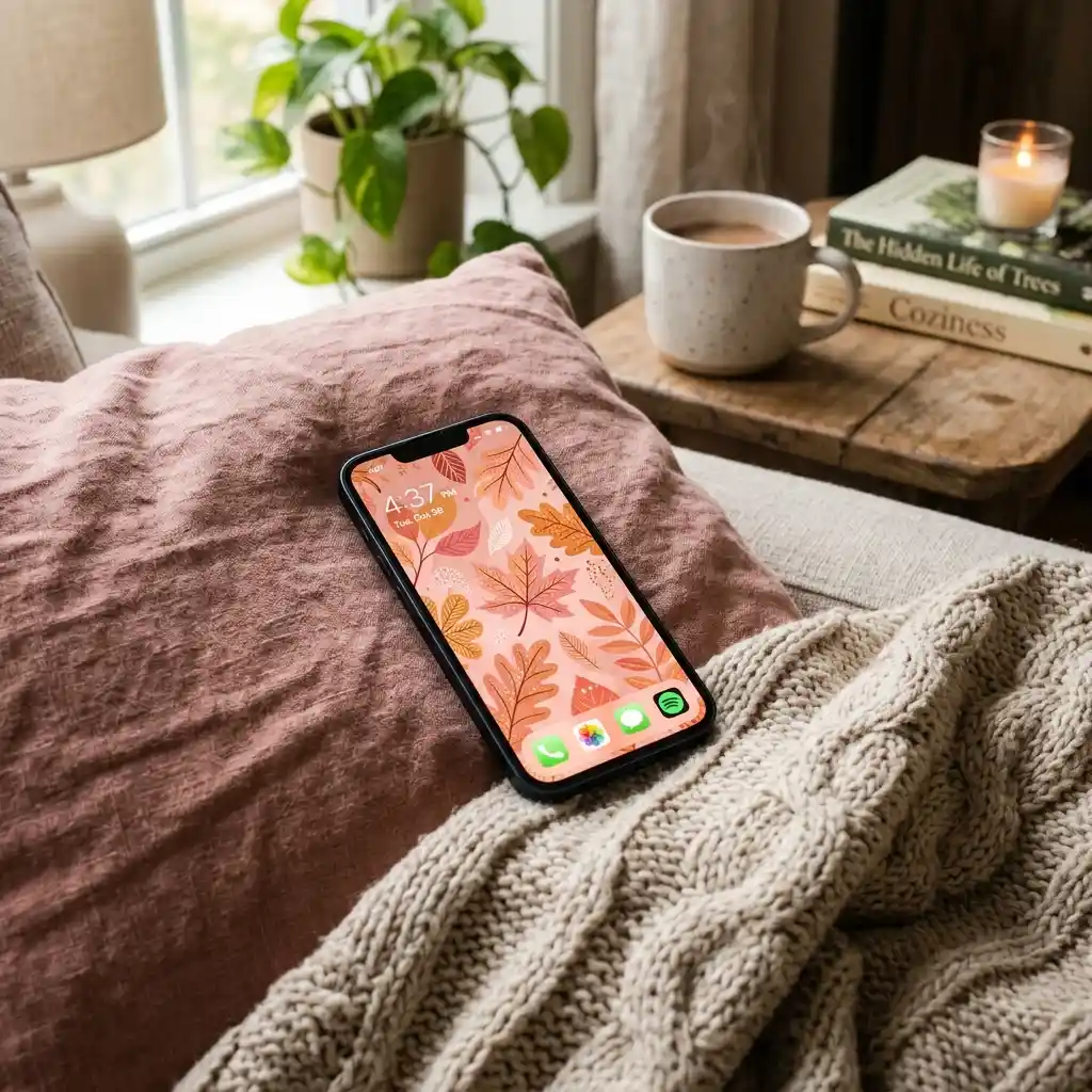 Pink fall wallpaper on a phone screen next to the dusty rose cushions and oat throw it inspired