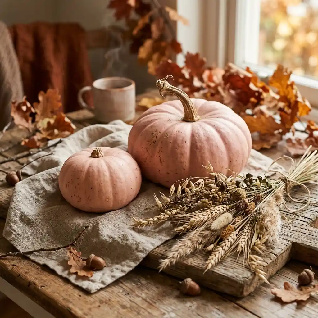 Pale pink heirloom pumpkins on oat linen with dried grasses and an oak board