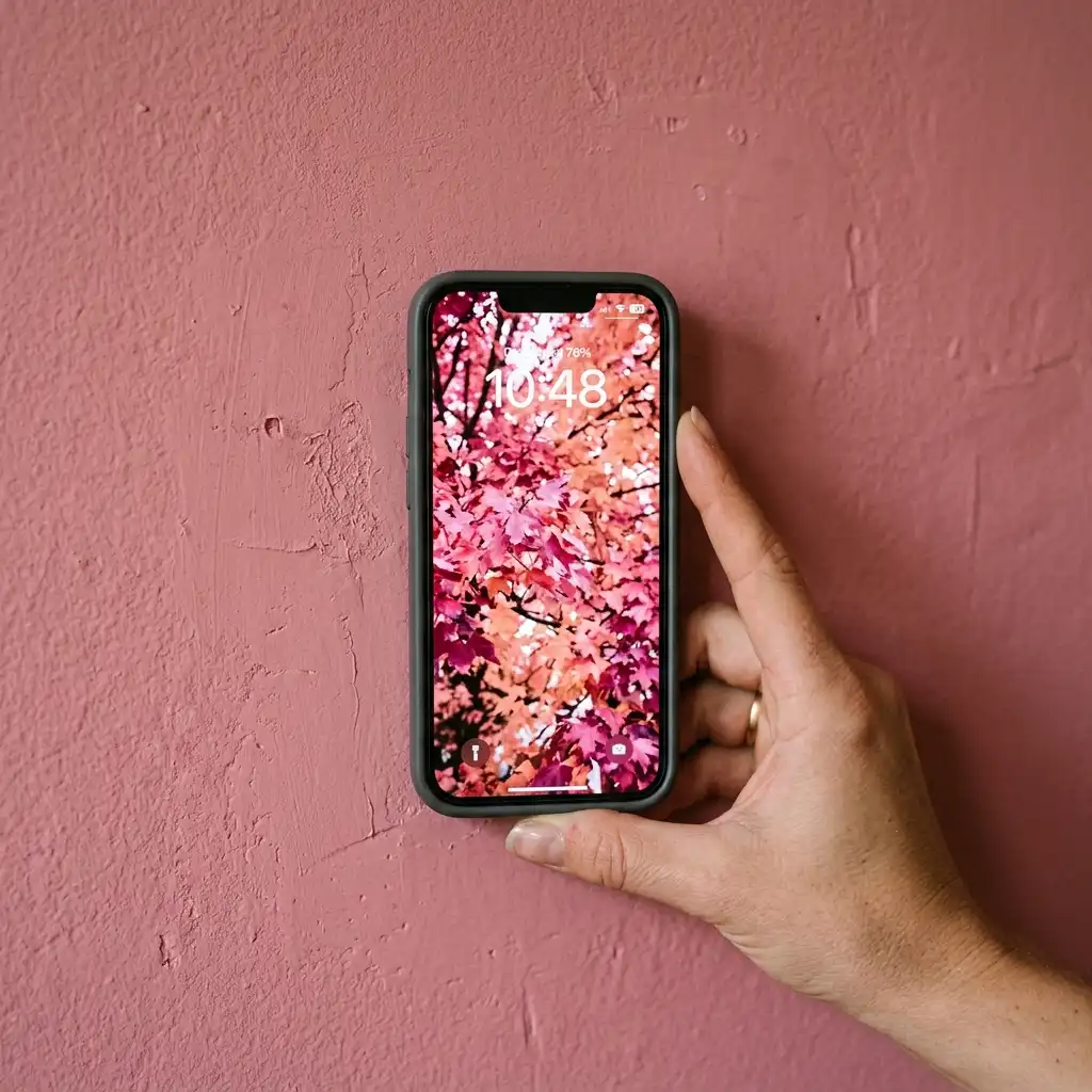 Glowing phone display beside a matte rose paint swatch showing how much duller the painted surface looks